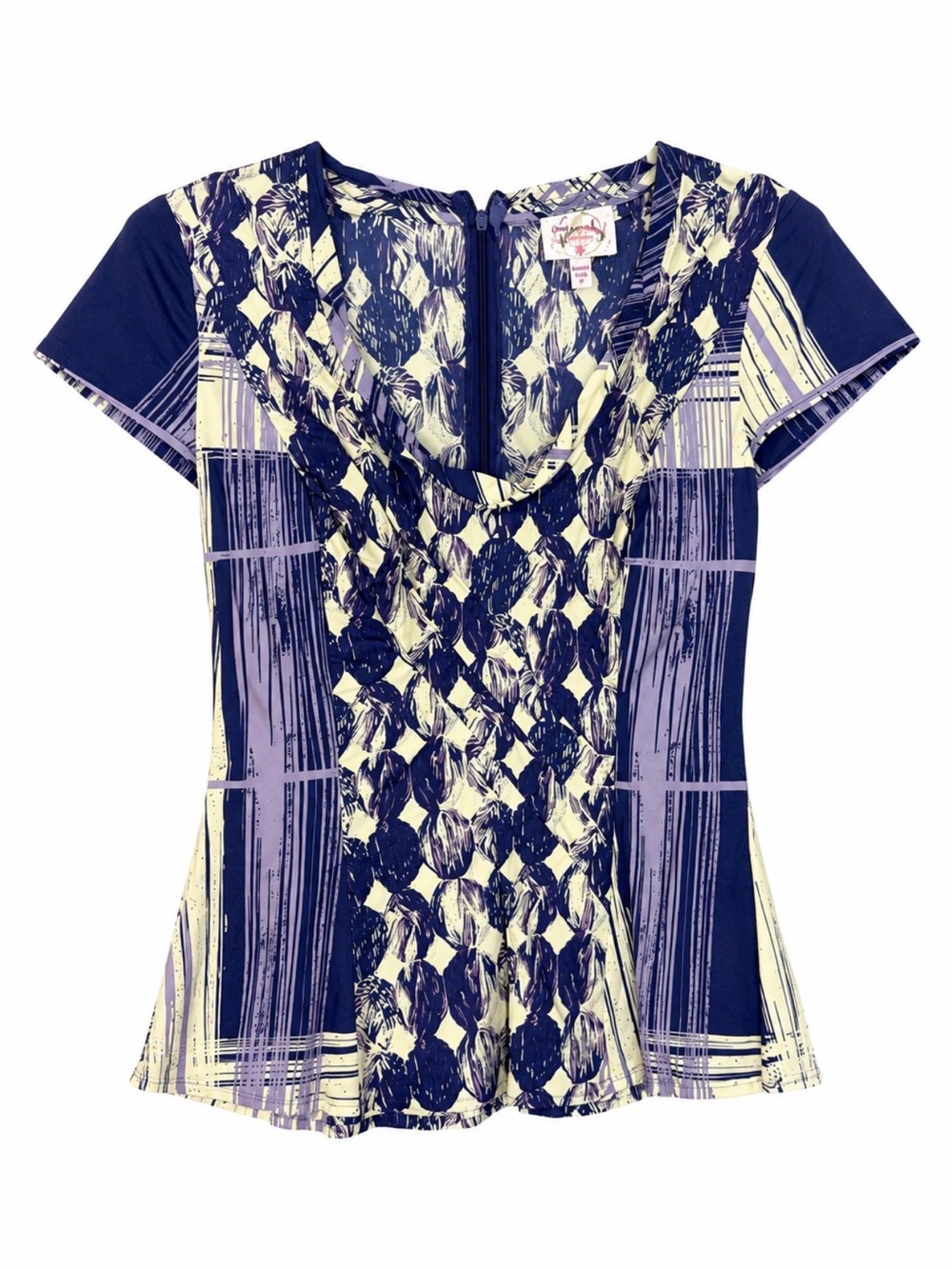 Anthropologie Navy, Cream & Lavender Short Sleeve Printed Scoop Neck Top